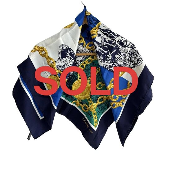CELINE - Dark Navy Cream Multi Scarf 114-070725 - Picture 1 of 4